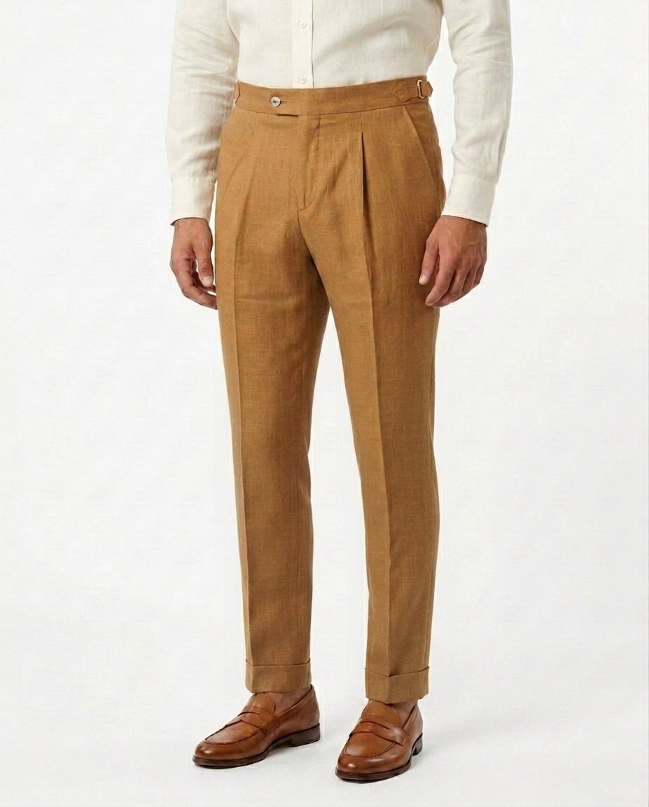 Pleated Linen Trouser - Cognac
