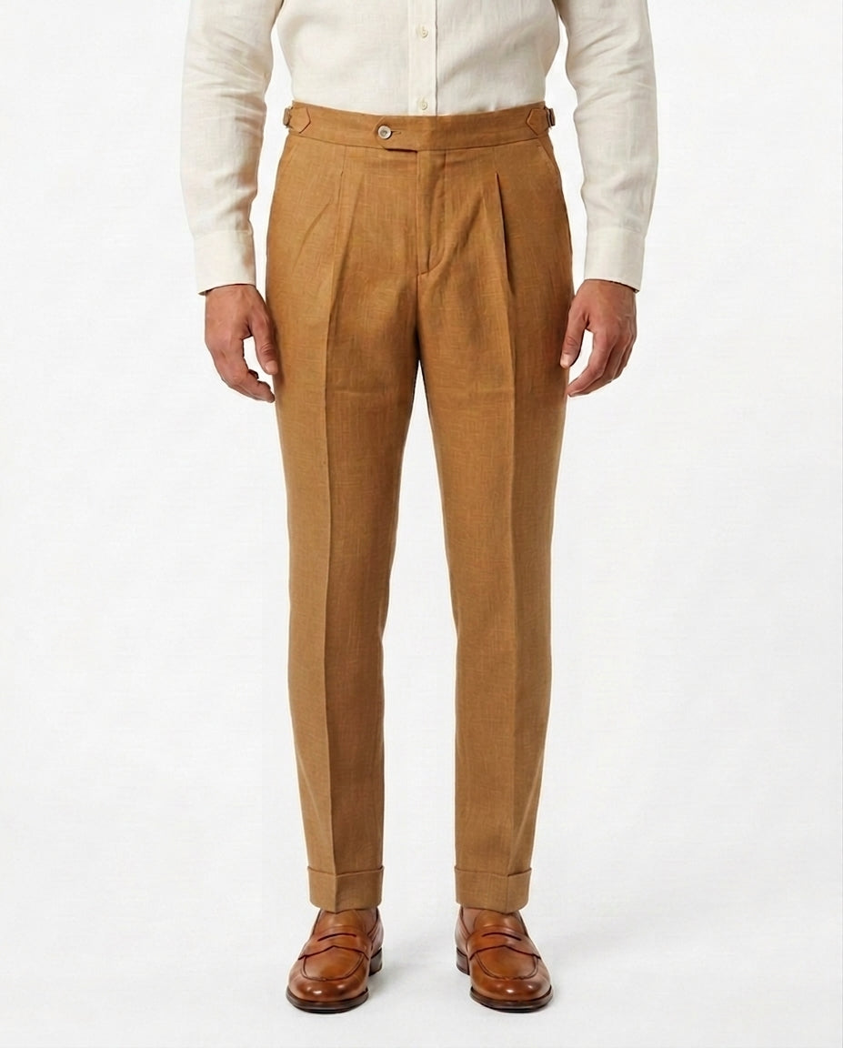 Pleated Linen Trouser - Cognac