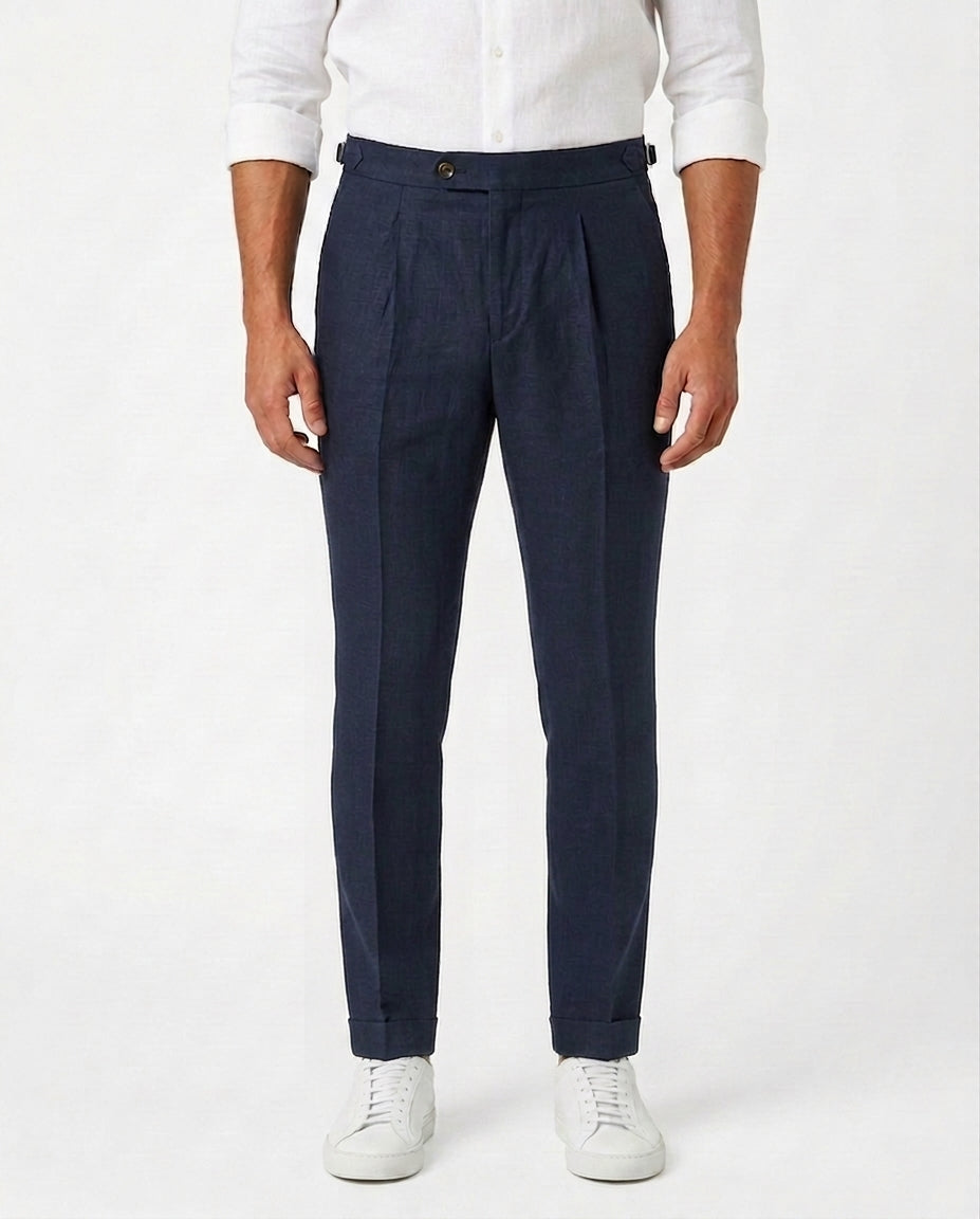 Pleated Linen Trouser - Navy
