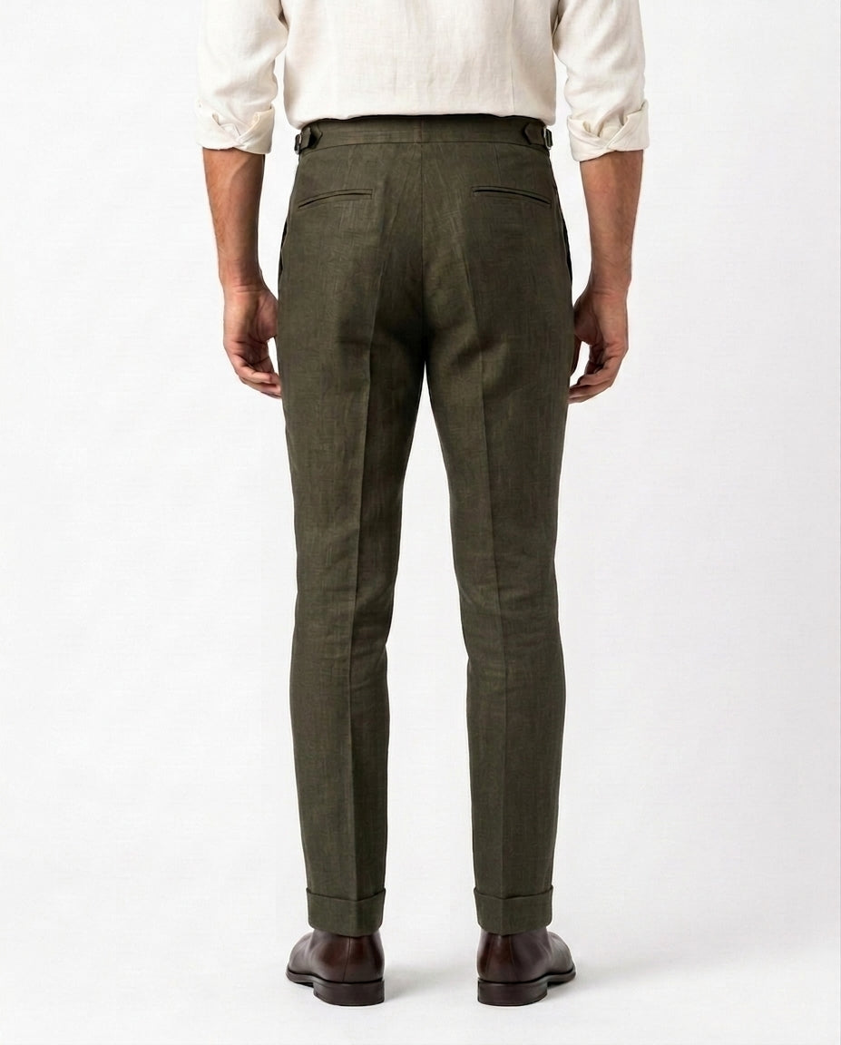 Pleated Linen Trouser - Olive