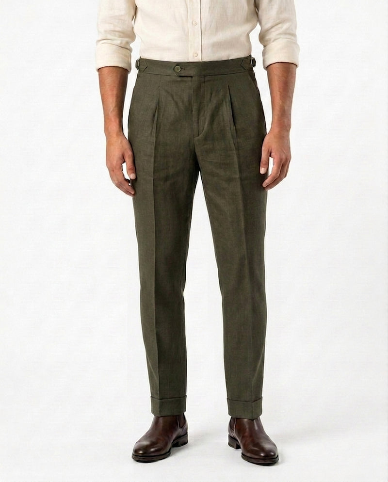 Pleated Linen Trouser - Olive