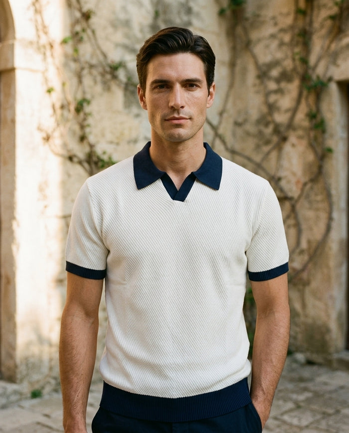 Contrast-Collar Knit Polo, White