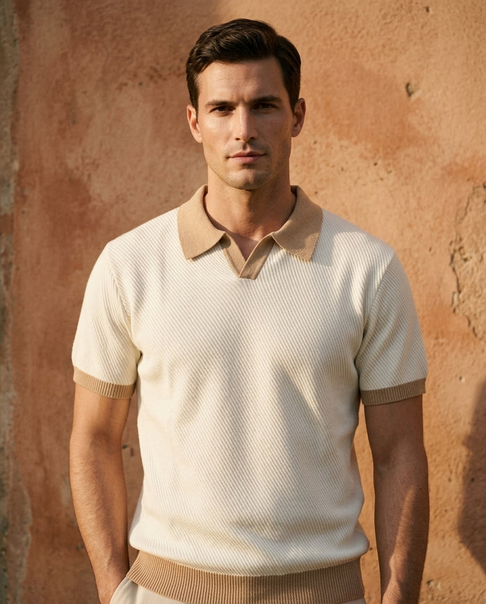 Contrast-Collar Knit Polo, Cream