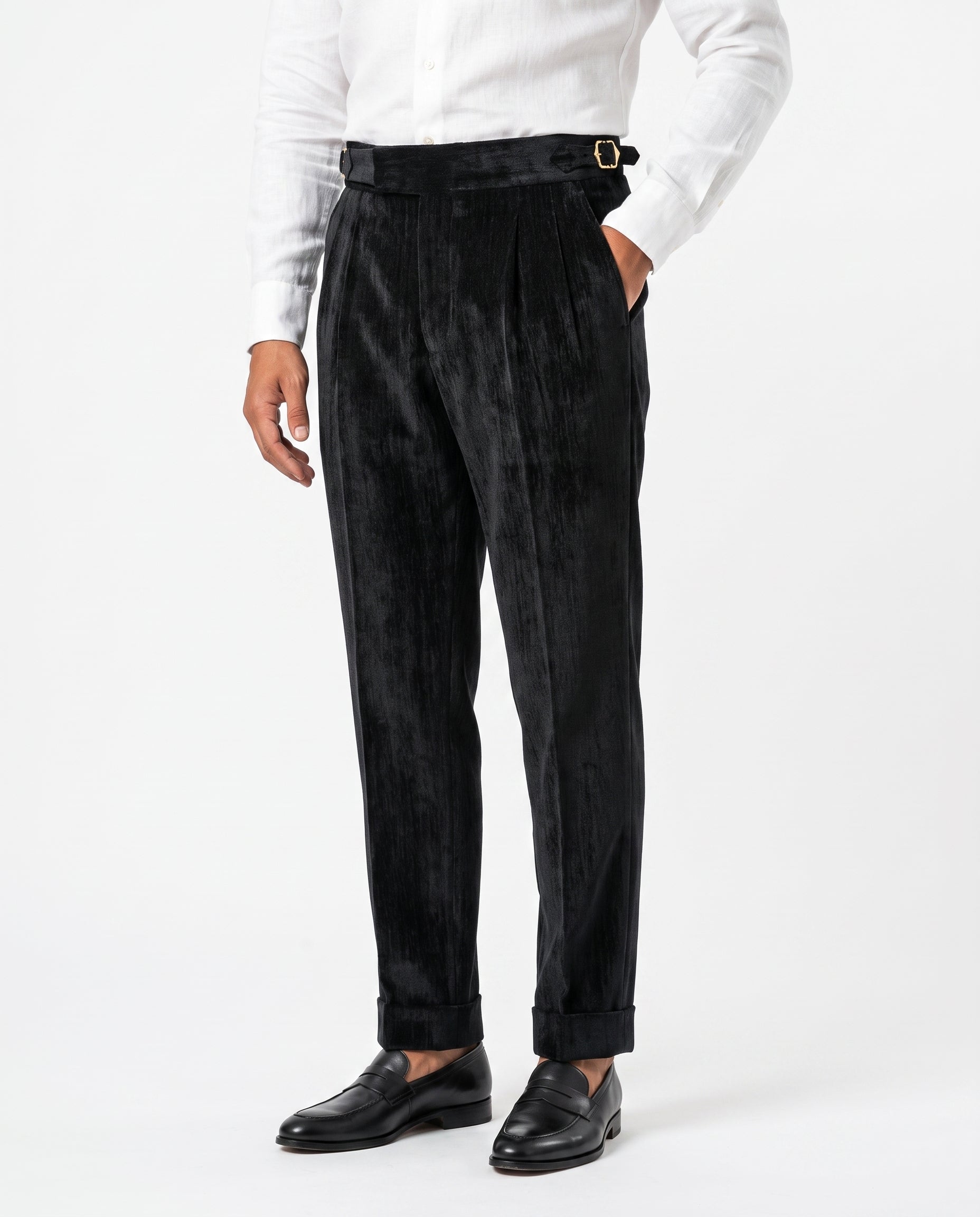 Venezia Pleated Velvet Gurkha Trouser - Black
