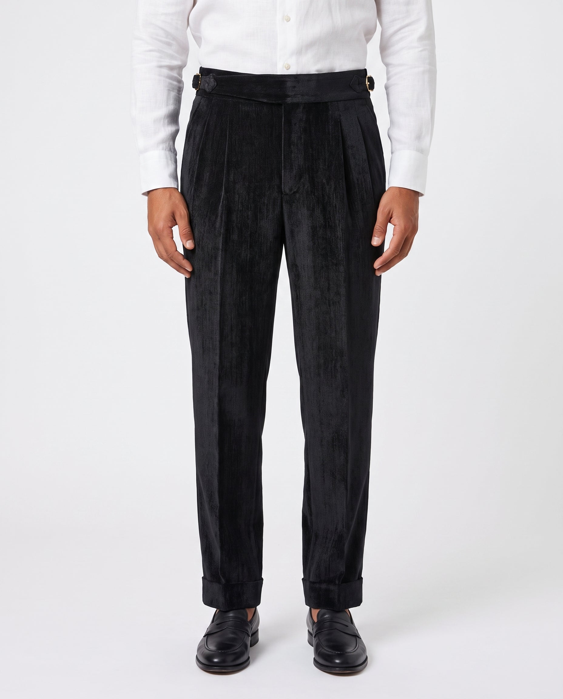Venezia Pleated Velvet Gurkha Trouser - Black