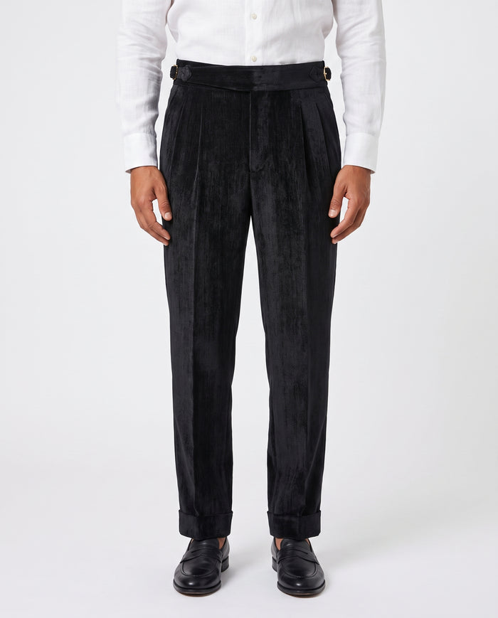Venezia Pleated Velvet Gurkha Trouser - Black