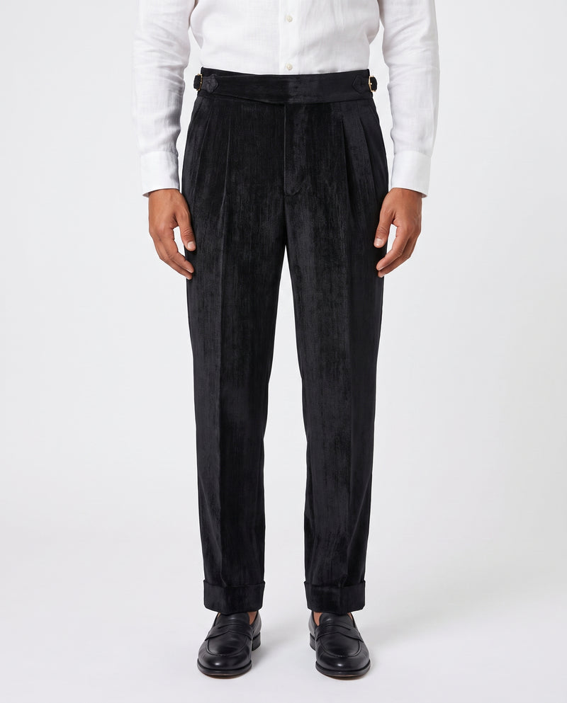 Venezia Pleated Velvet Gurkha Trouser - Black