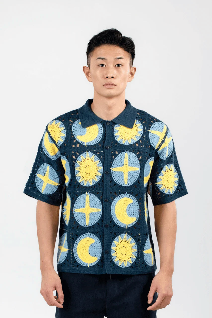 Celestial Crochet Camp Shirt, Navy