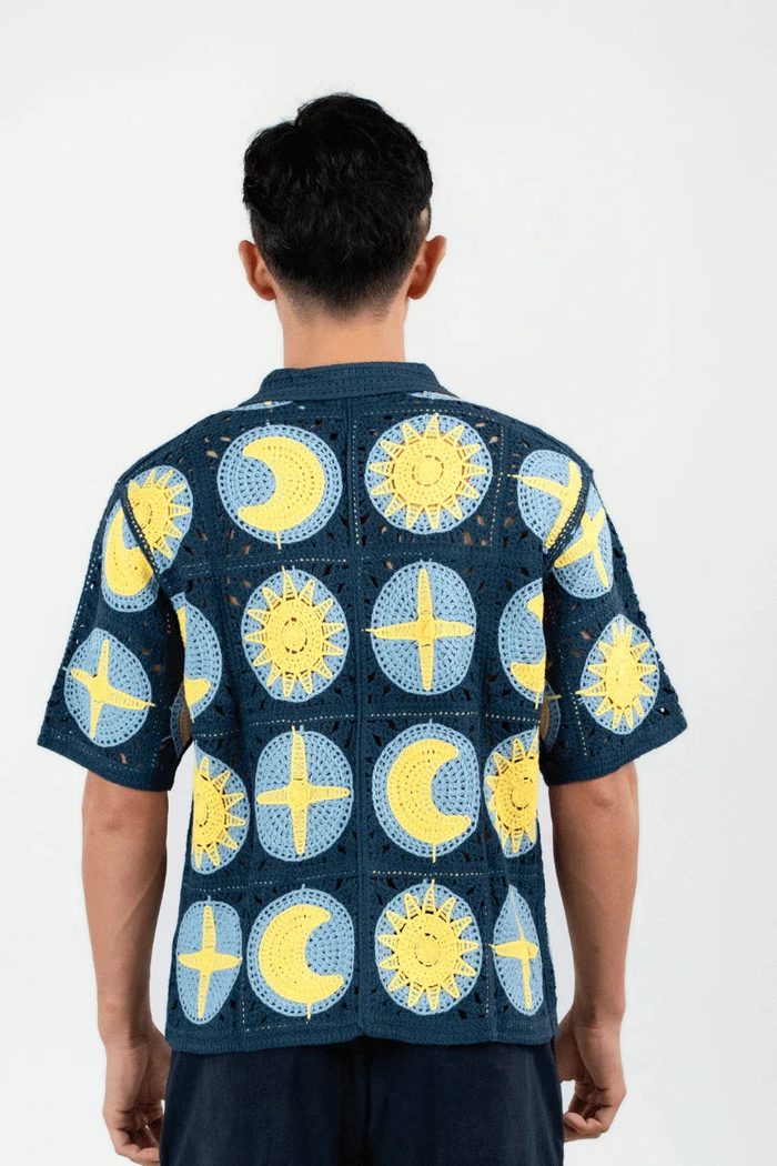 Celestial Crochet Camp Shirt, Navy