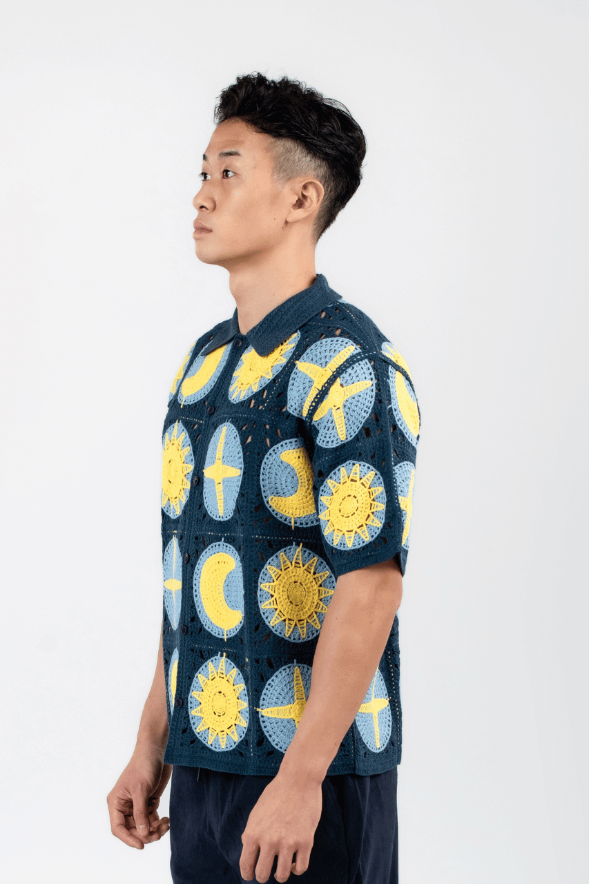 Hemd met korte mouwen 'Celestial Crochet', marineblauw