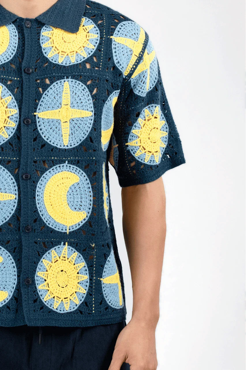 Hemd met korte mouwen 'Celestial Crochet', marineblauw