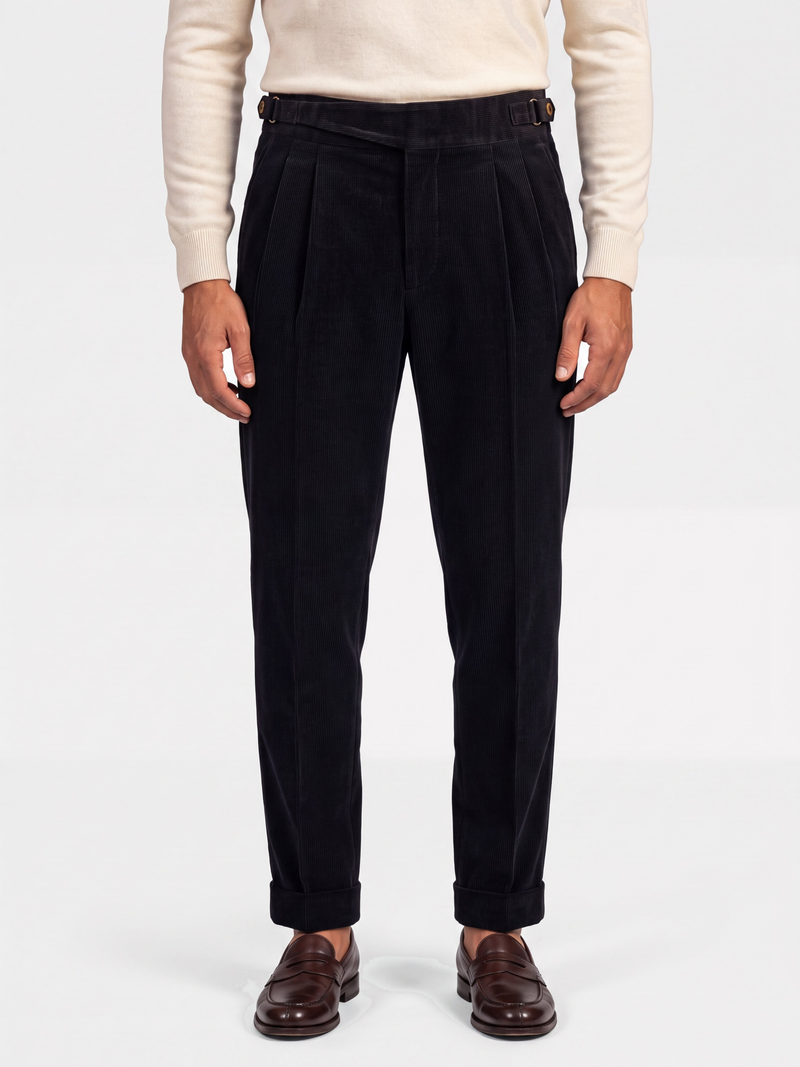 Cervo Pleated Corduroy Gurkha Trouser - Black