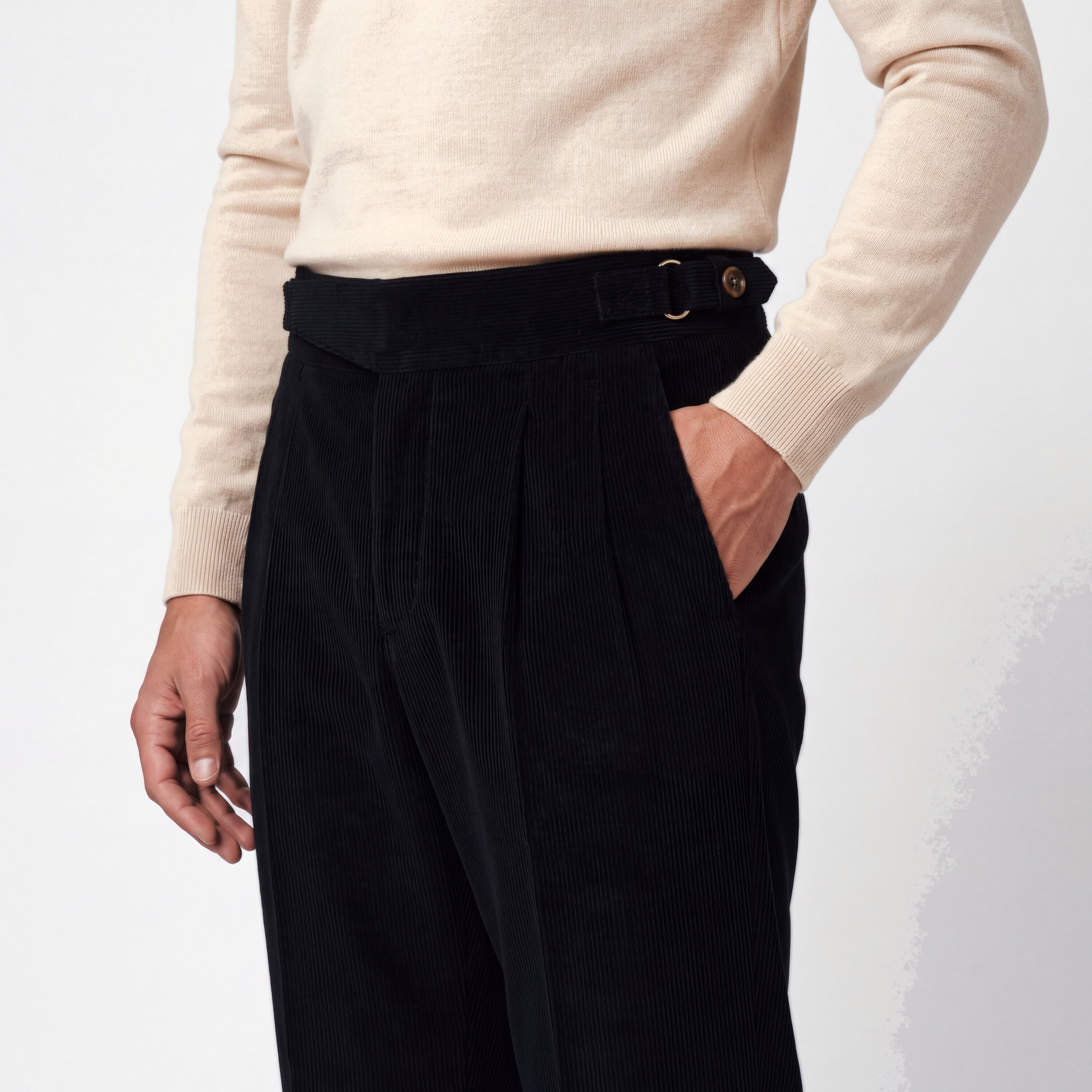 Cervo Pleated Corduroy Gurkha Trouser - Black