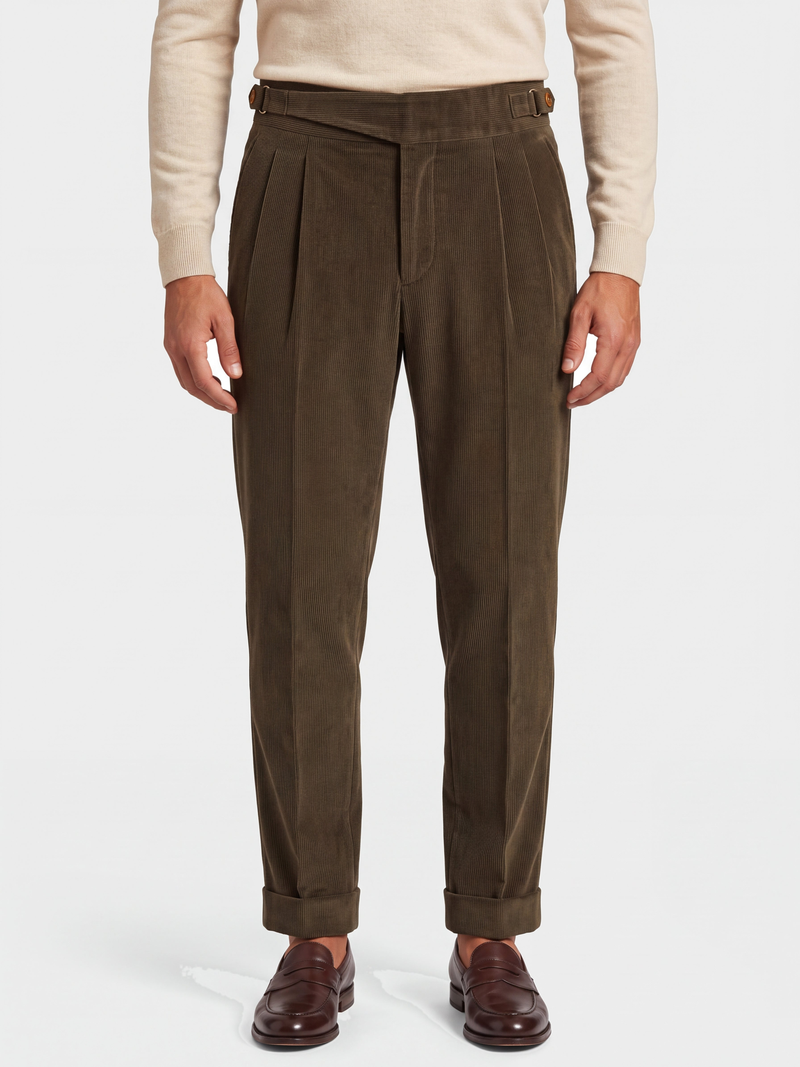 Cervo Pleated Corduroy Gurkha Trouser - Khaki