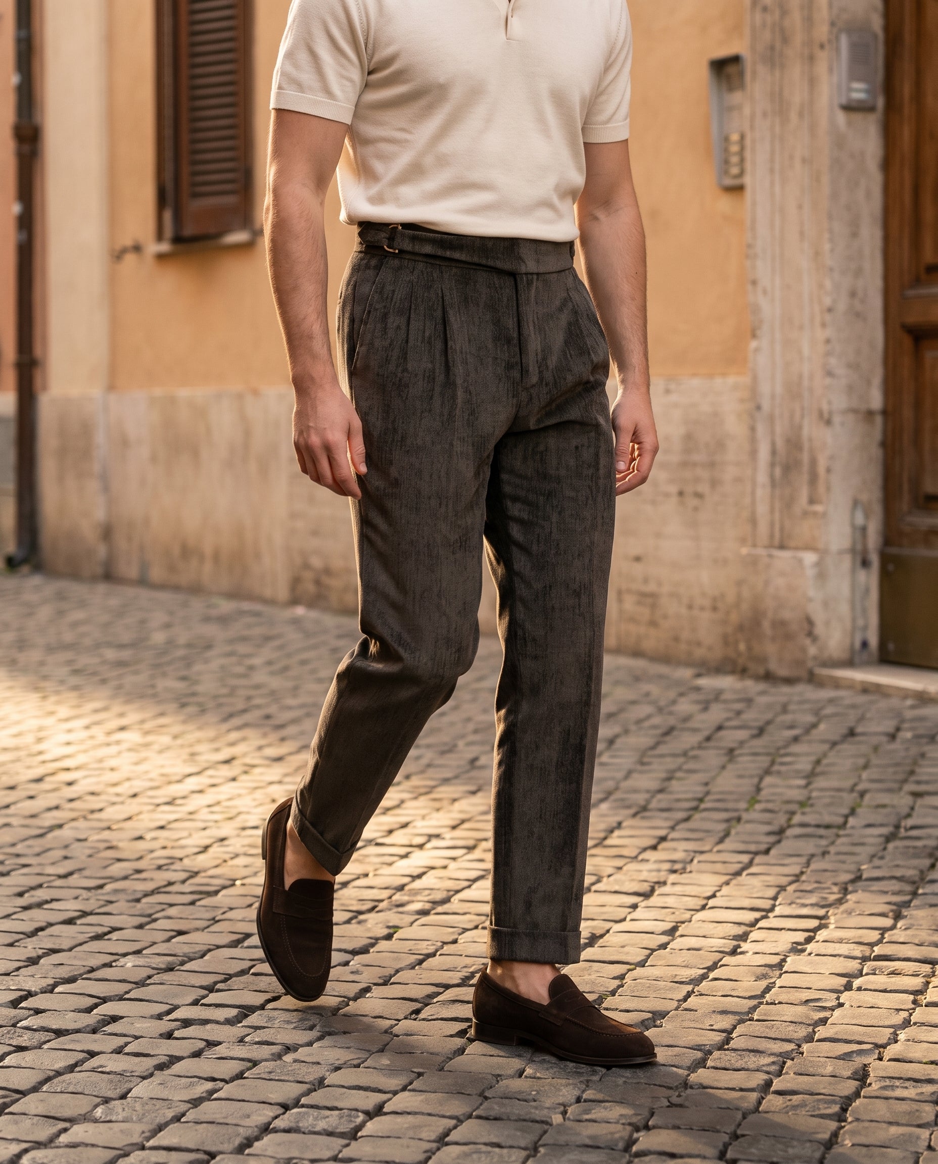 Venezia Pleated Velvet Gurkha Trouser - Charcoal
