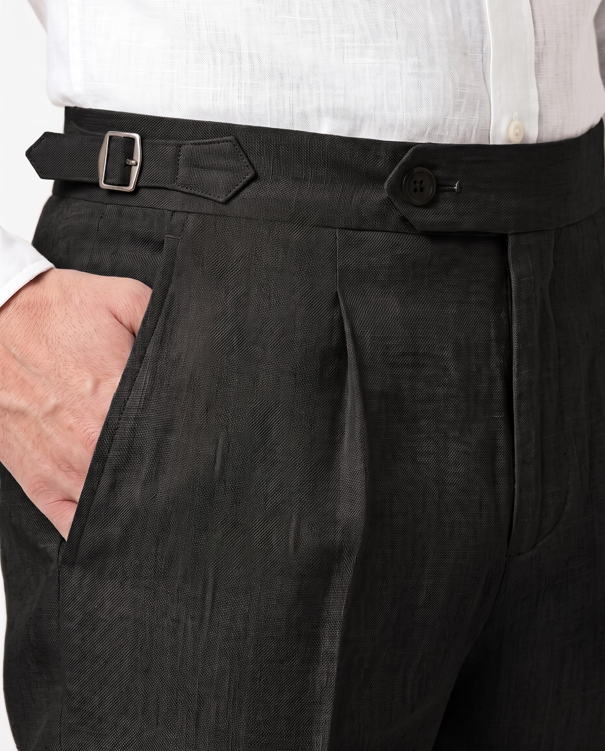 Waistband detail, Geplooide Linnen Broek, Houtskoolgrijs