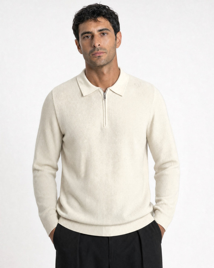 Como Ribbed Quarter-Zip Knit Polo - Cream