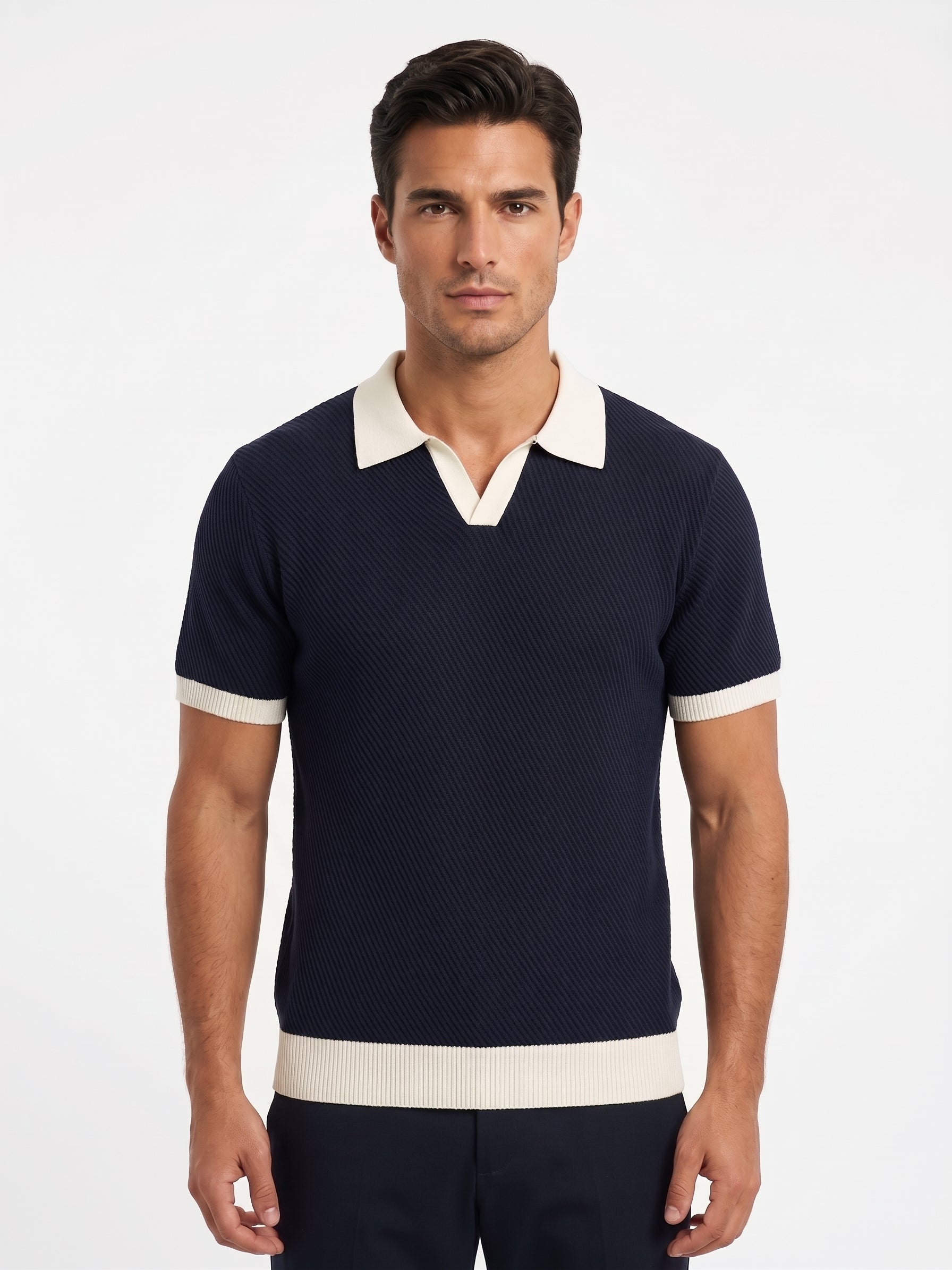 Strick-Poloshirt mit Kontrastkragen, Marineblau