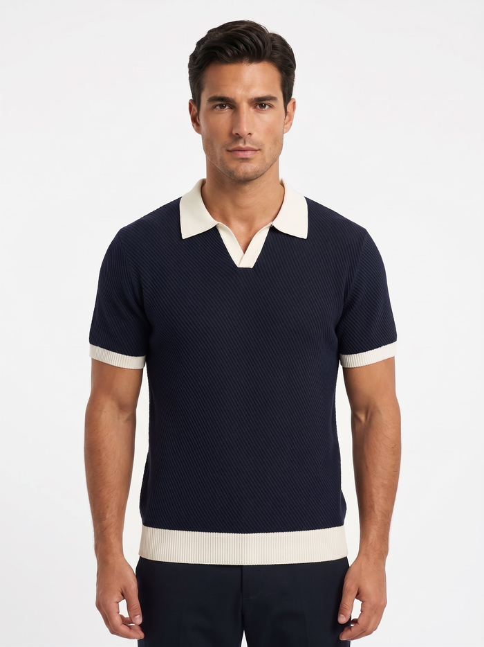 Contrast-Collar Knit Polo, Navy