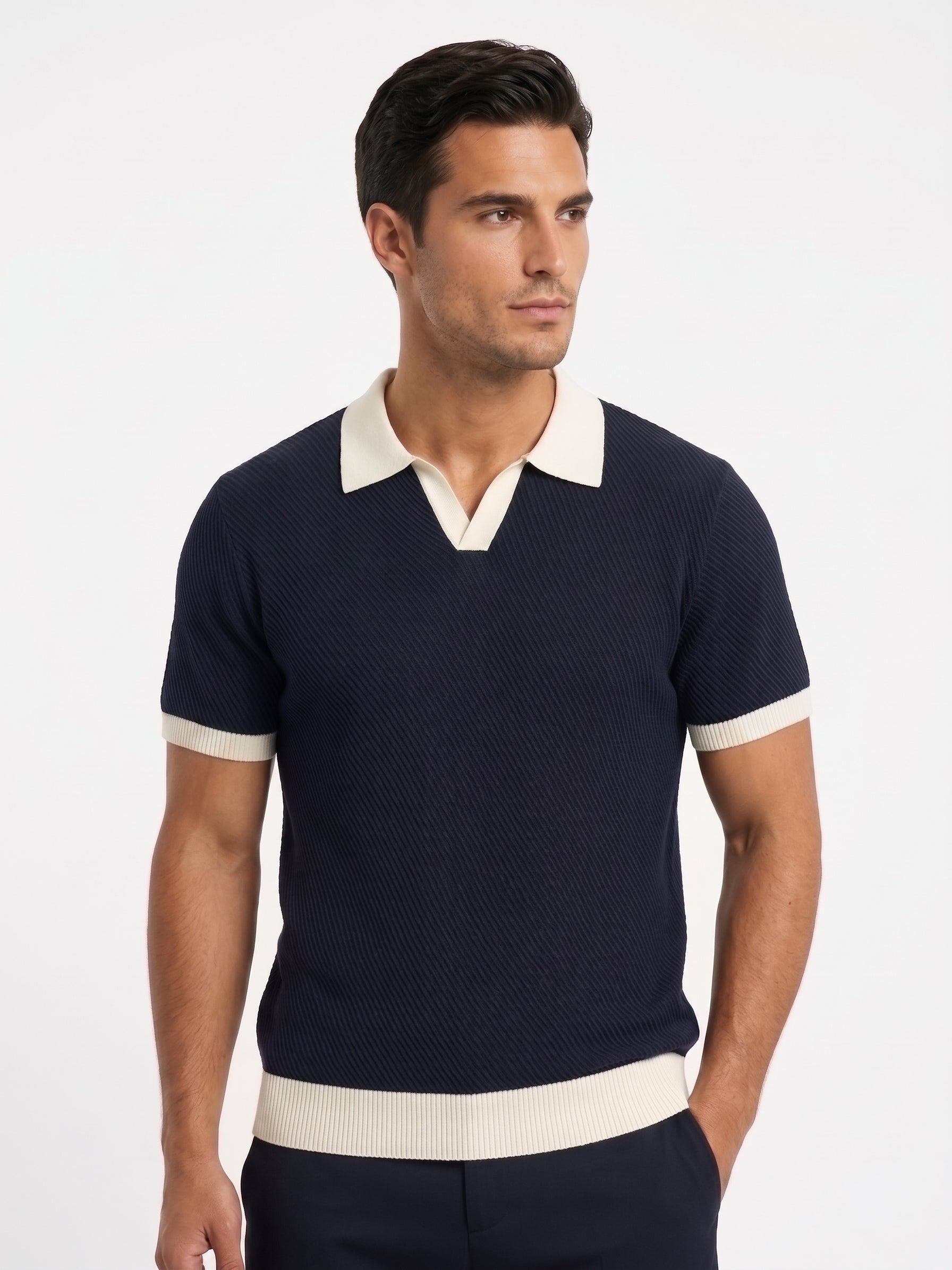 Strick-Poloshirt mit Kontrastkragen, Marineblau