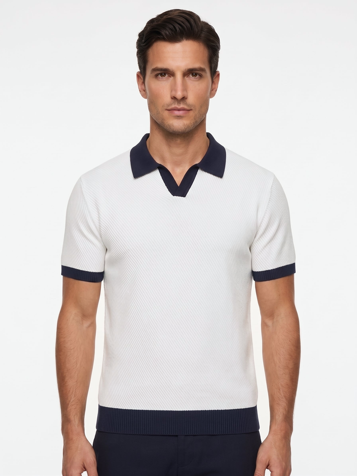 Contrast-Collar Knit Polo, White