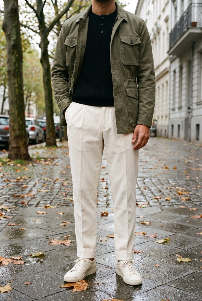 Look 1, Black henley over cream corduroy