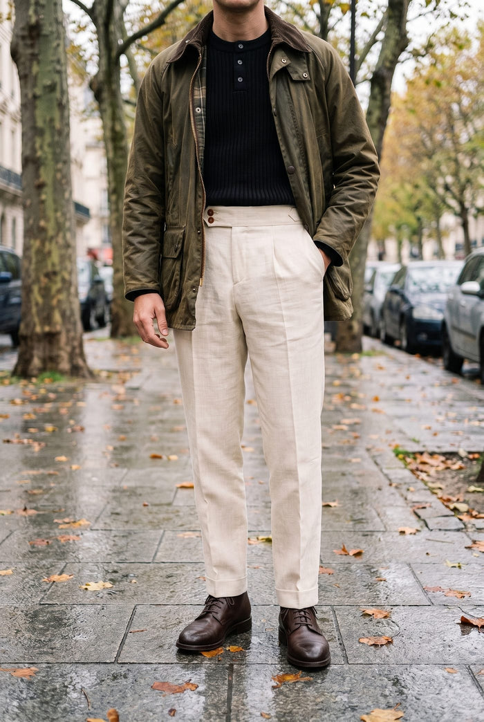 Look 3, Black henley over sand cotton