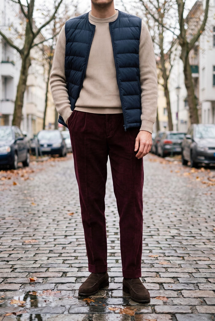 Look 4, Beige crew over maroon corduroy