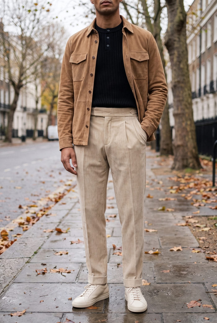 Look 5, Black henley over apricot white velvet