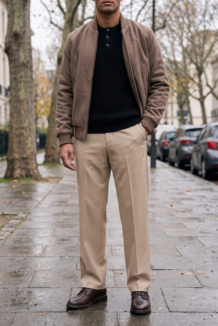 Look 7, Black henley over beige wide-leg