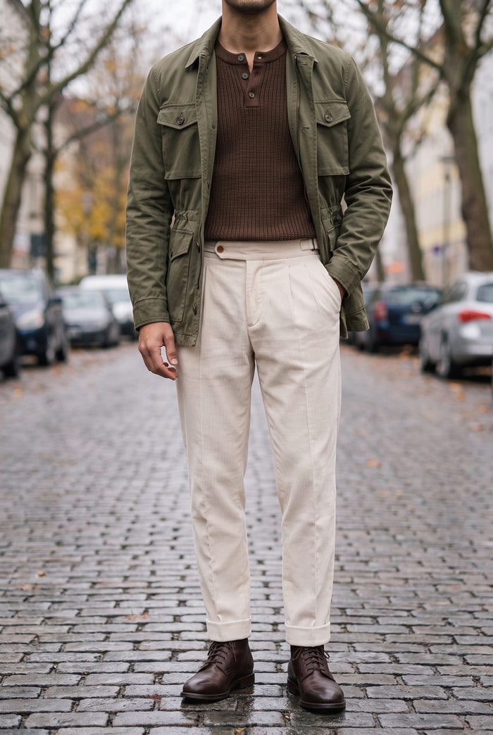 Look 11, Brown henley over cream corduroy