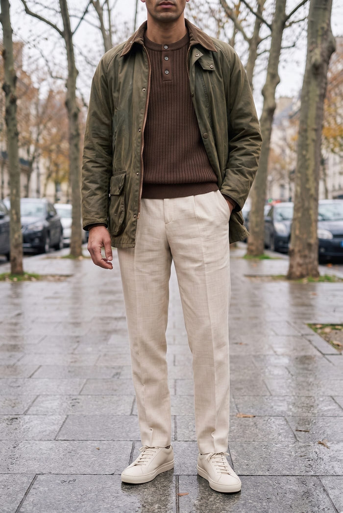 Look 13, Brown henley over sand cotton