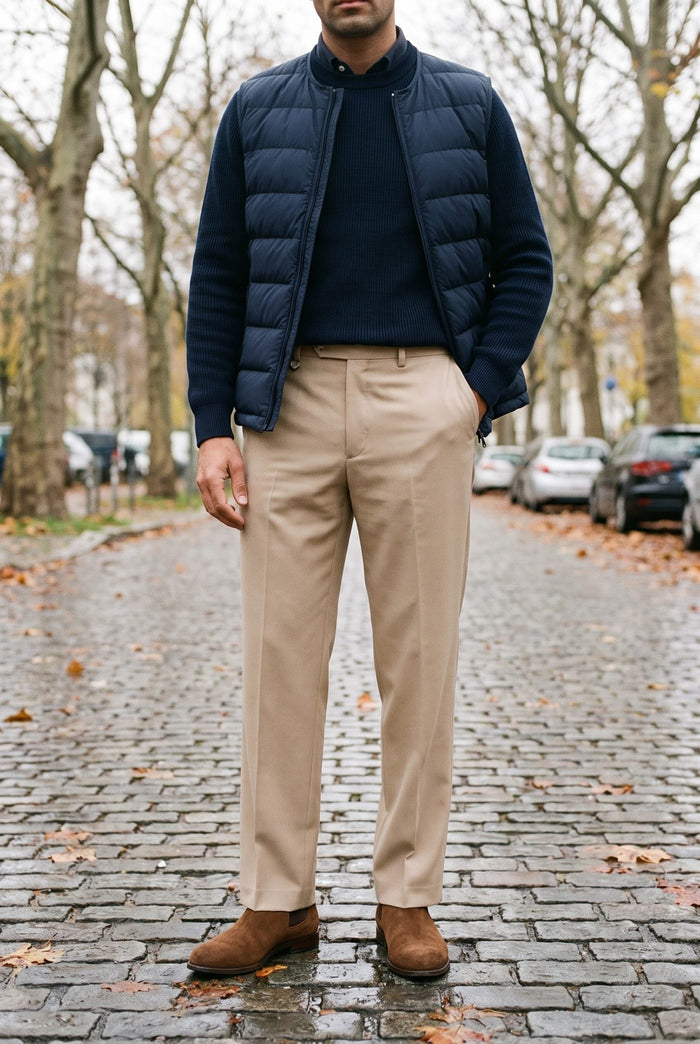 Look 14, Navy crew over beige wide-leg