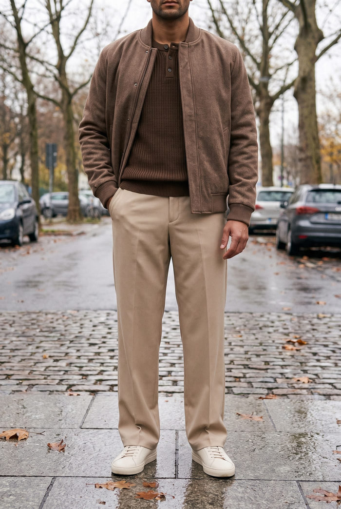 Look 17, Brown henley over beige wide-leg