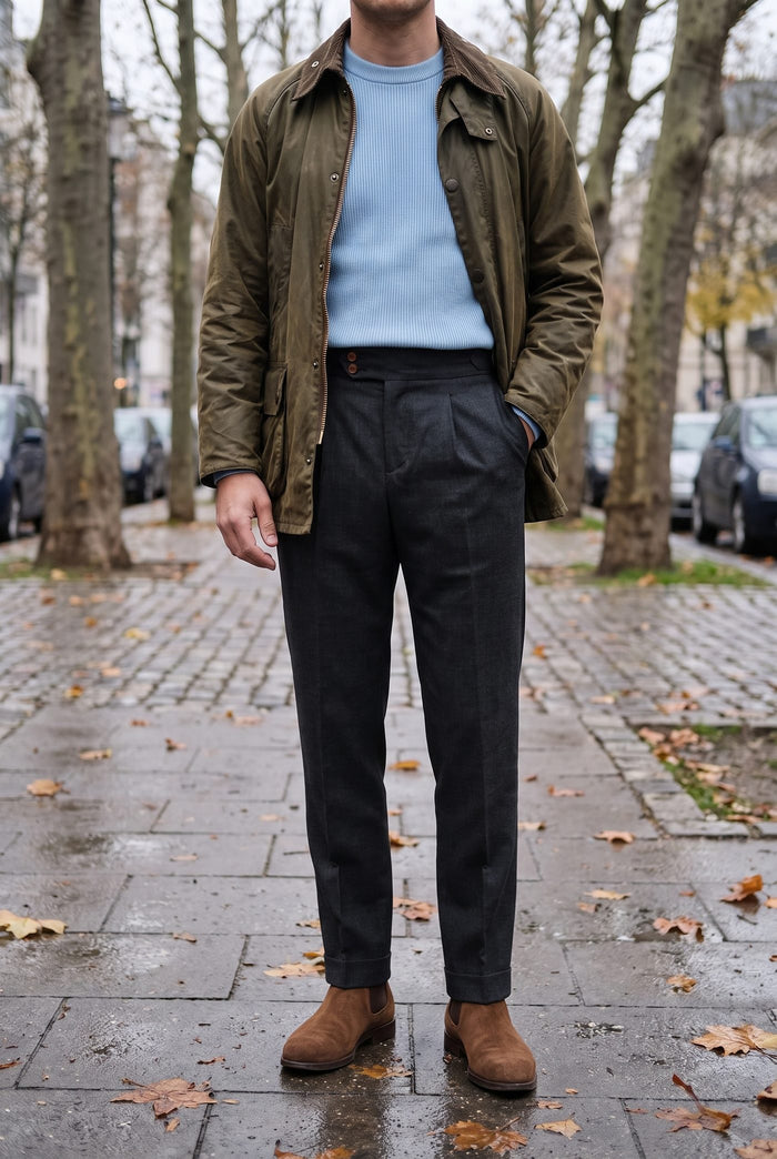 Look 18, Powder Blue crew over black cotton