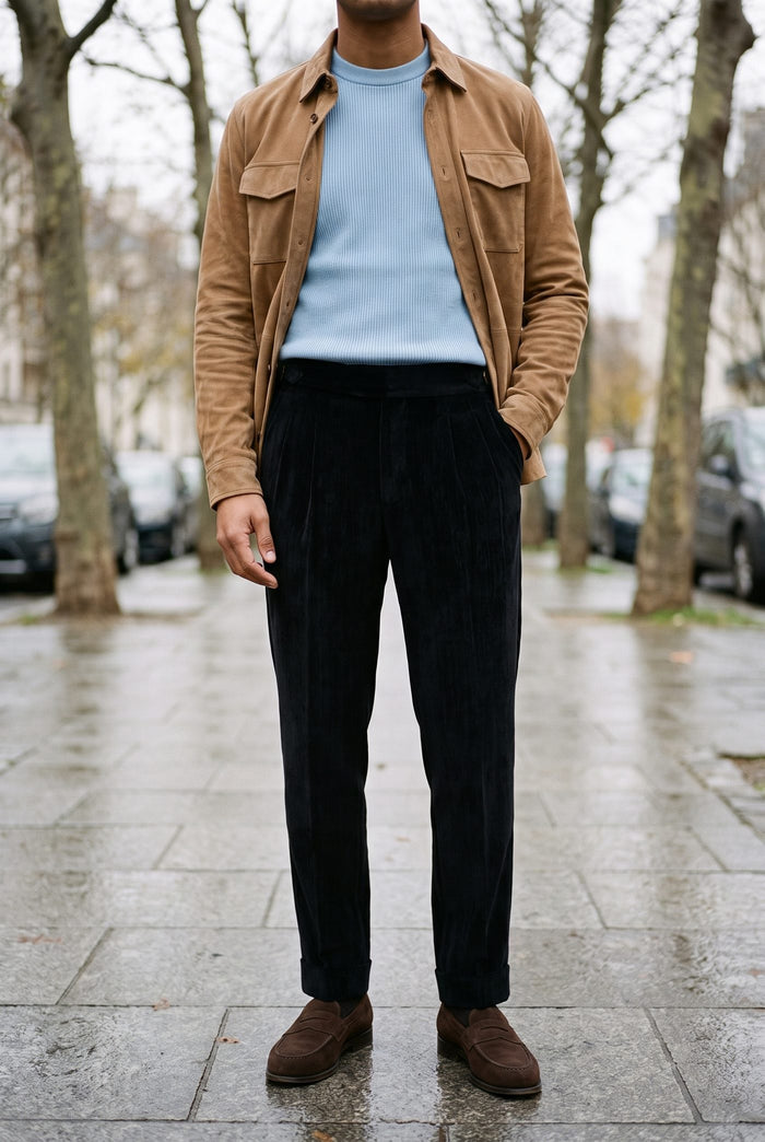 Look 20, Powder Blue crew over black velvet