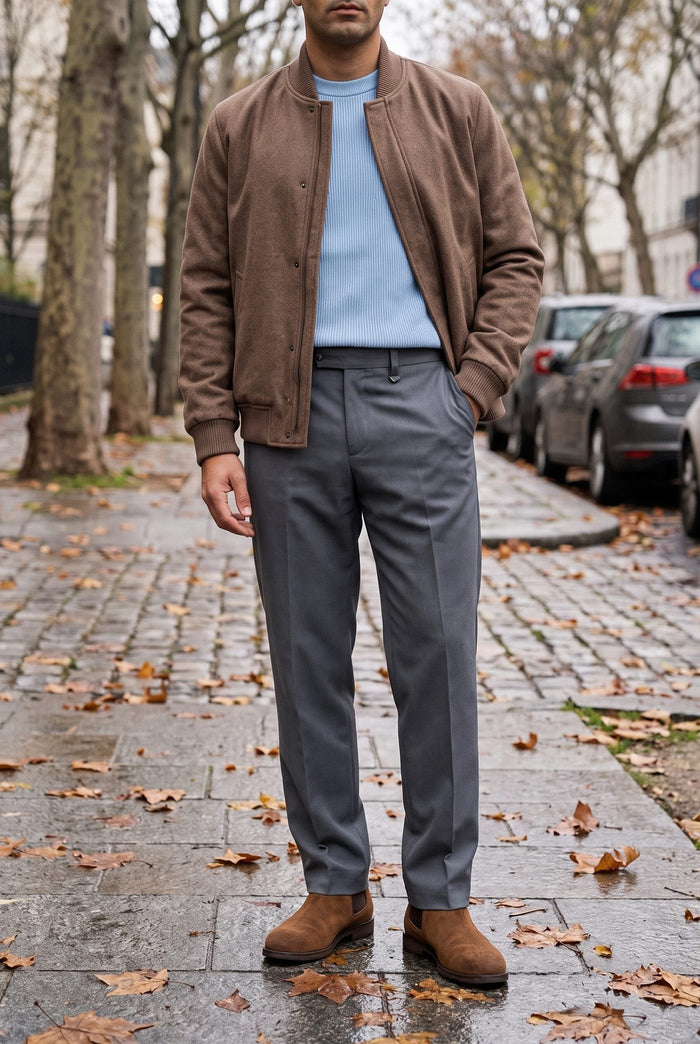 Look 22, Powder Blue crew over grey wide-leg