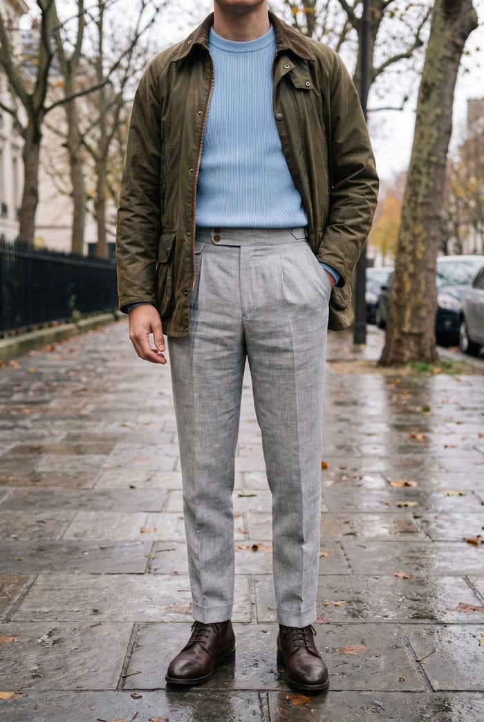 Look 23, Powder Blue crew over light grey cotton