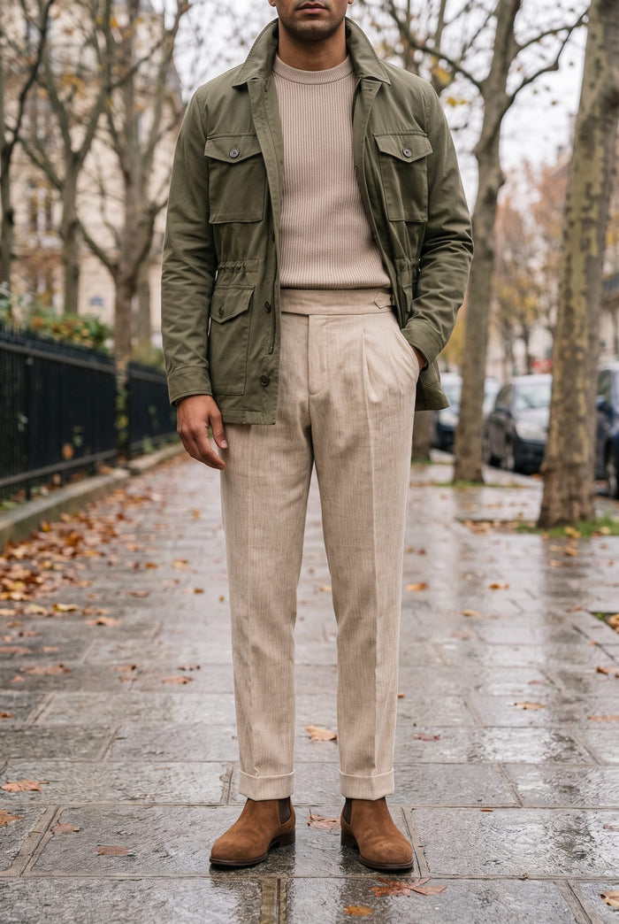 Look 26, Beige crew over apricot white velvet