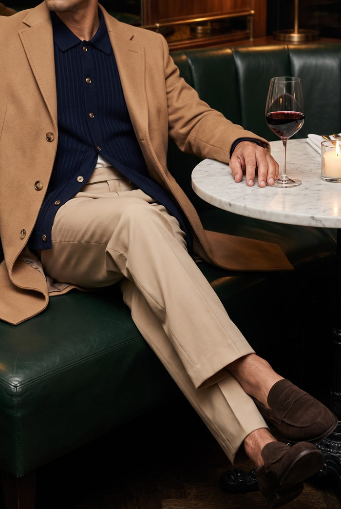 Look 27, Navy cardigan over beige wide-leg
