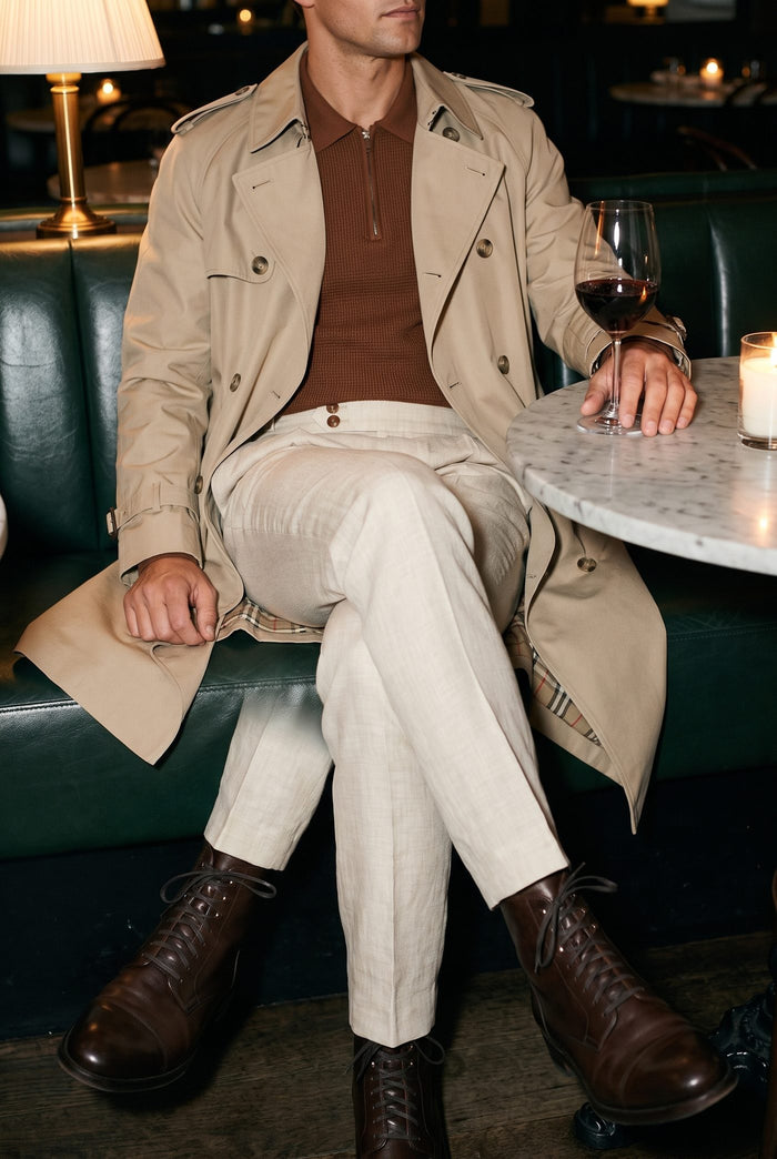Look 28, Espresso polo over sand cotton