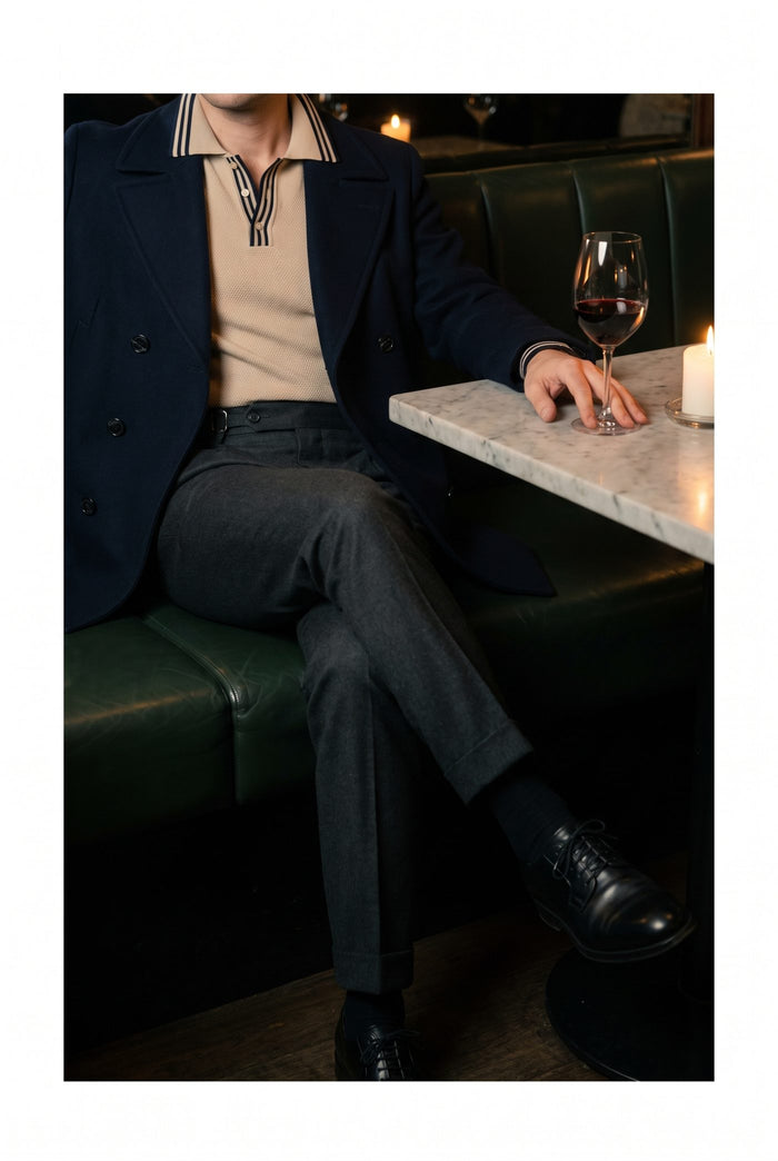 Look 32, Beige polo over black cotton