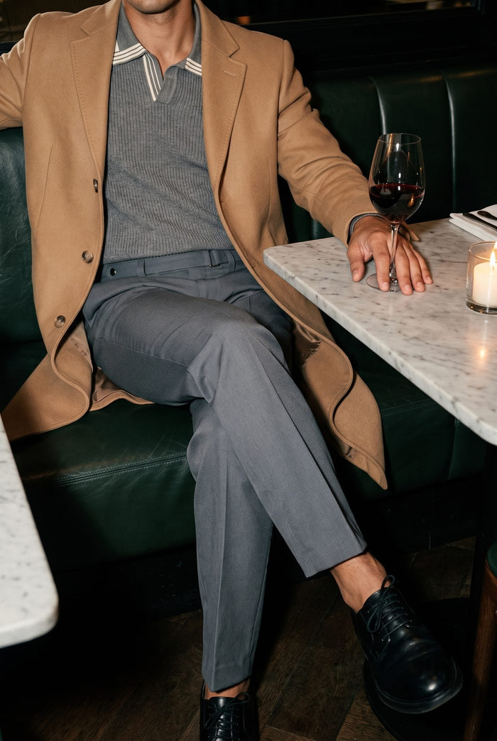 Look 33, Grey polo over grey wide-leg