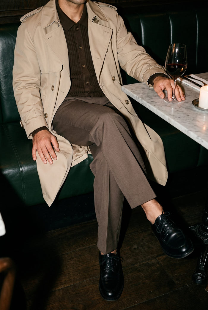 Look 34, Espresso cardigan over brown wide-leg