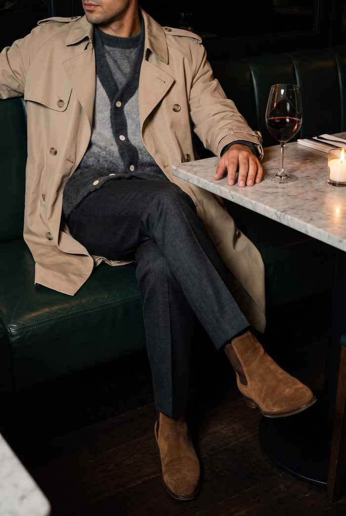 Look 37, Charcoal cardigan over black cotton