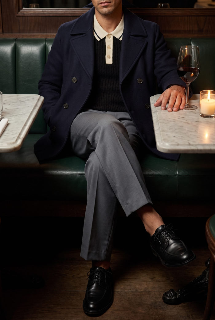 Look 38, Black polo over grey wide-leg