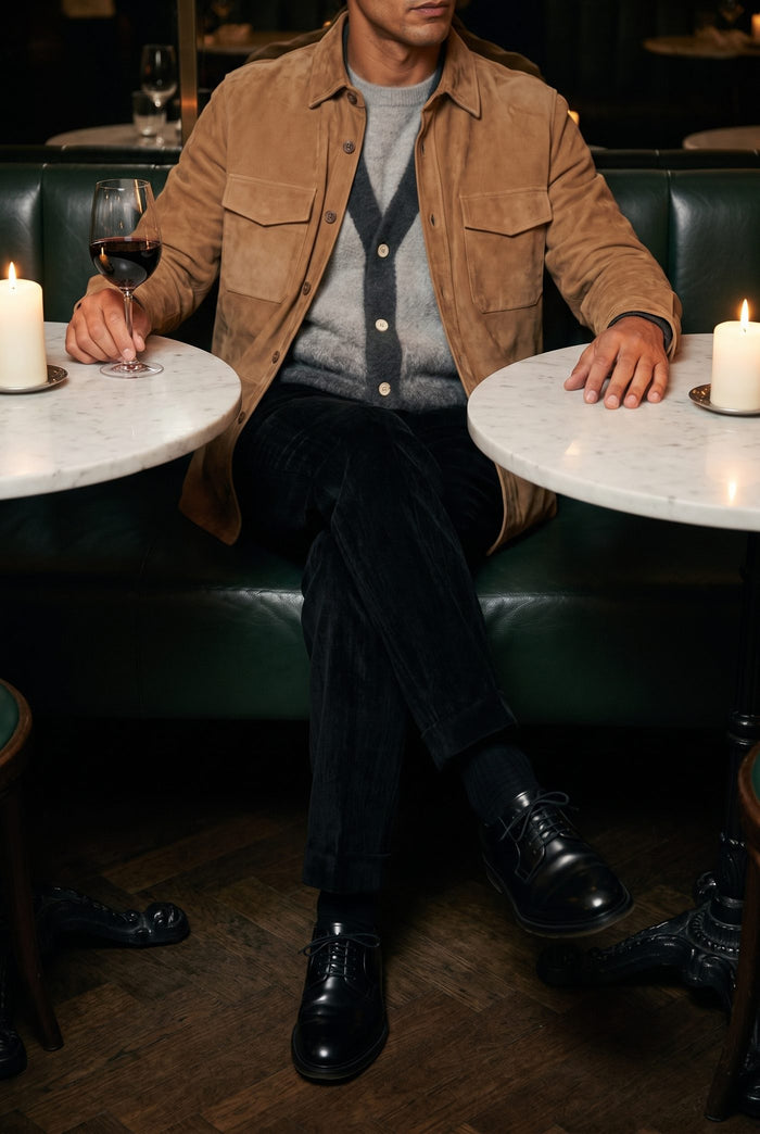 Look 42, Charcoal cardigan over black velvet