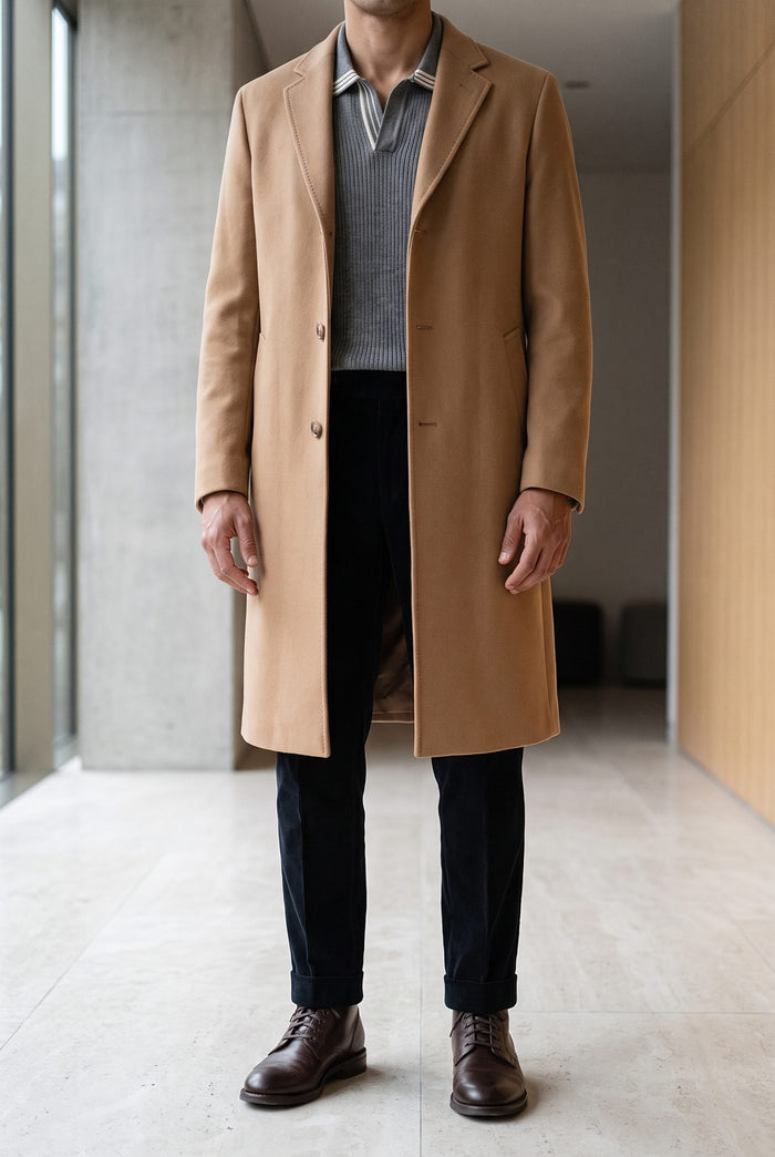 Look 47, Grey polo over black corduroy