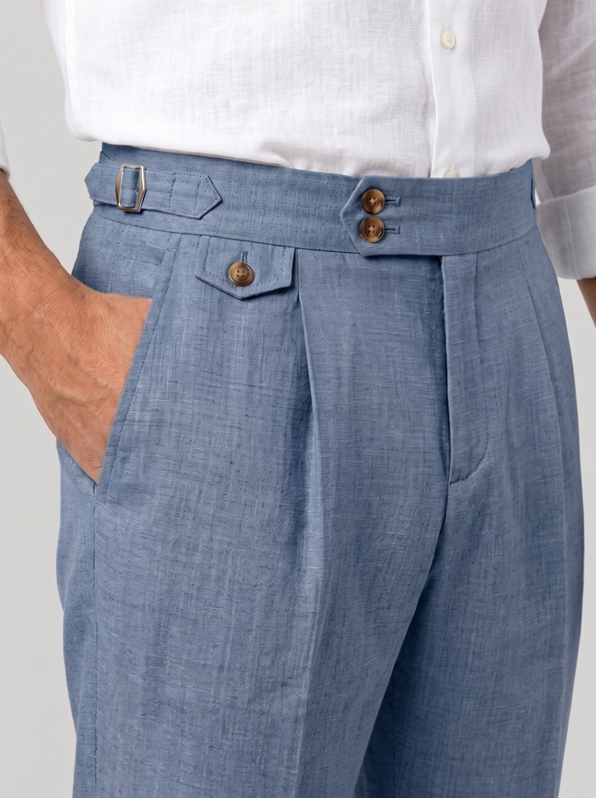 Waistband detail, Gurkha-Hose, Blau