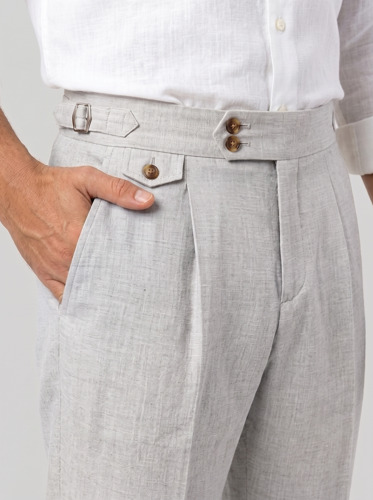 Waistband detail, Gurkha-Hose, Hellgrau
